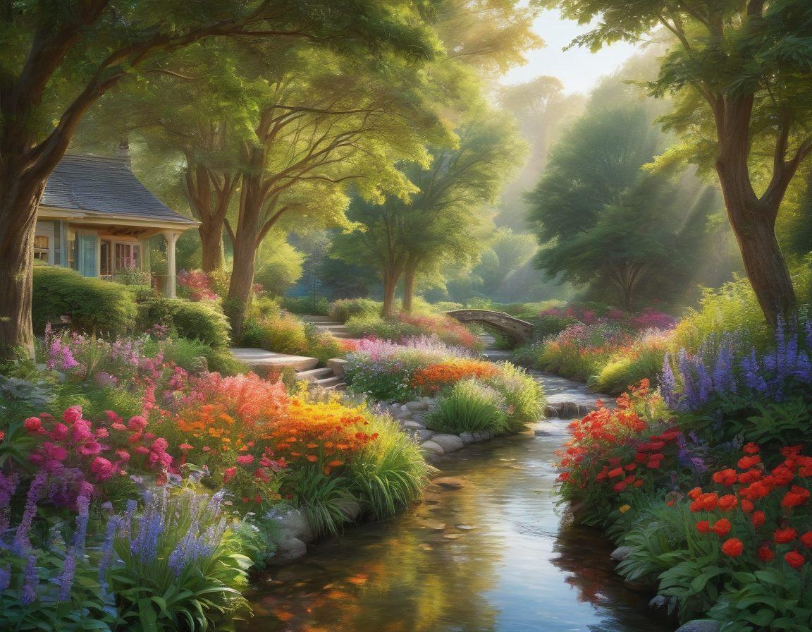 A serene landscape representing intimacy, featuring a couple walking hand in hand through a lush garden filled with vibrant flowers, symbolizing pathways to ecstasy and contentment. Soft, warm sunlight filters through the trees, creating a tranquil atmosphere. Incorporate elements of nature like a flowing stream nearby and butterflies fluttering around, enhancing the feeling of romance. super-realistic. vibrant colors.