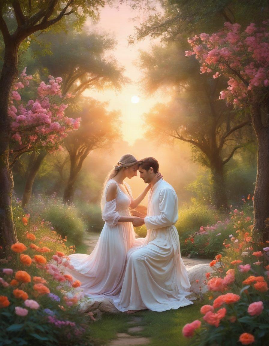 A serene scene depicting a couple in a lush garden filled with vibrant flowers, embracing tenderly under a soft sunset, symbolizing joyful love and intimacy. Butterflies flutter around them, adding a sense of whimsy and enchantment. Gentle light filters through the trees, creating a warm and inviting atmosphere. Ethereal elements, such as glowing orbs, enhance the feelings of bliss and connection. painterly style, soft pastels, dreamlike ambiance.