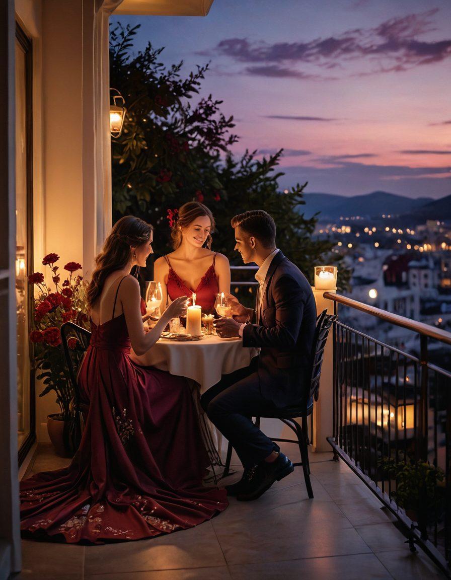 A warm, intimate scene of a couple enjoying a candlelit dinner on a balcony under a starlit sky, surrounded by soft, flowing fabrics and delicate floral arrangements. The atmosphere radiates love and connection, with gentle touches and meaningful gazes exchanged between them. The color palette includes deep reds, purples, and flickering golds to enhance the romantic ambiance. super-realistic. vibrant colors. soft focus.